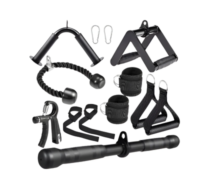 10-In-1 Cable Machine Attachments Set for Gym - Includes Tricep Rope, V-Bar, Straight Bar, D-Handle, Ankle/Wrist Straps, Storage Bag - Compatible with LAT Pulldown & Home Gym Cable Machines