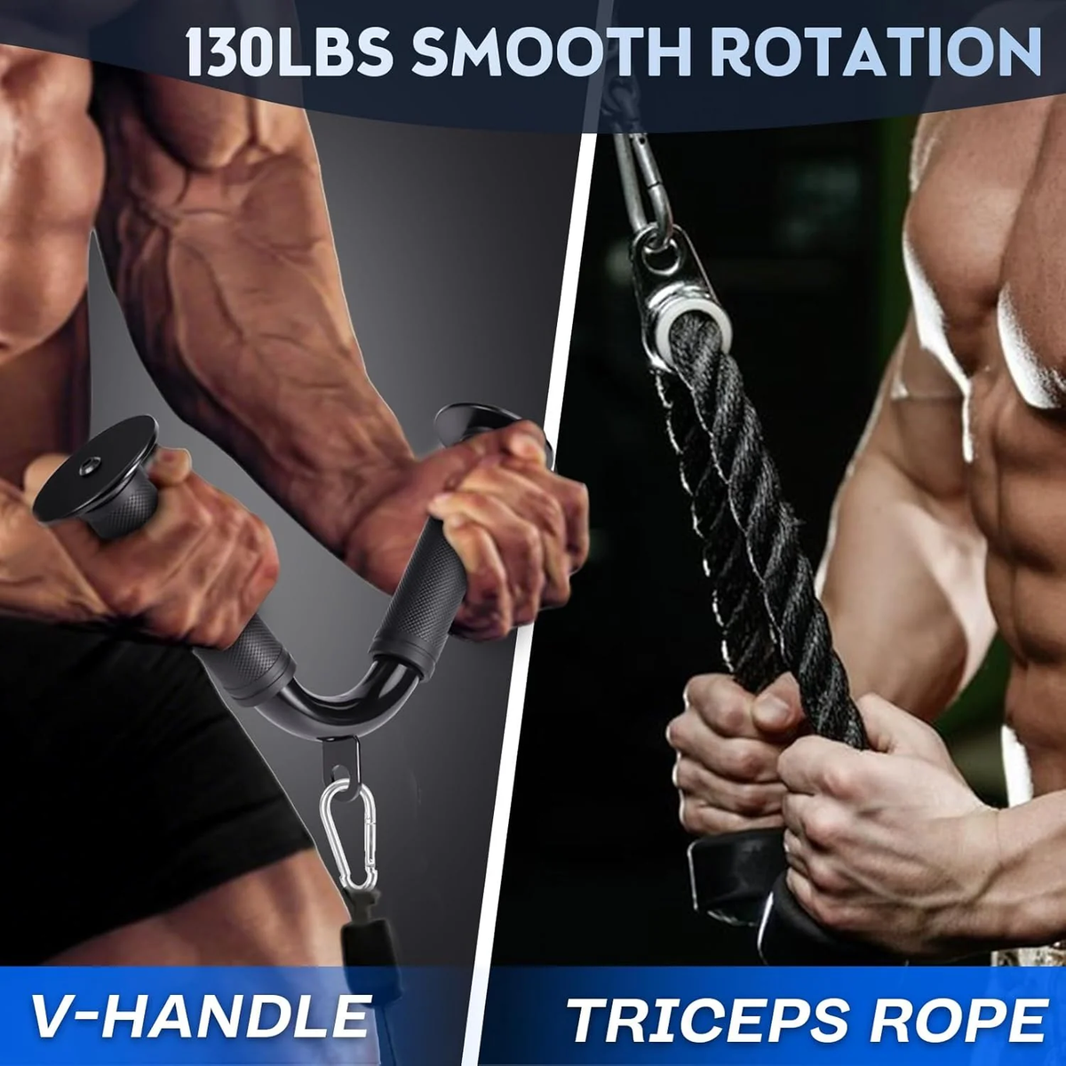10-In-1 Cable Machine Attachments Set for Gym - Includes Tricep Rope, V-Bar, Straight Bar, D-Handle, Ankle/Wrist Straps, Storage Bag - Compatible with LAT Pulldown & Home Gym Cable Machines